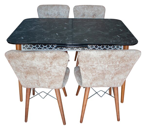 Set masa Elegant Marmura Neagra MDF picioare lemn + 4 scaune , 160x80x75 cm, blat de mdf, scaune material textil, cod produs E4 ®️