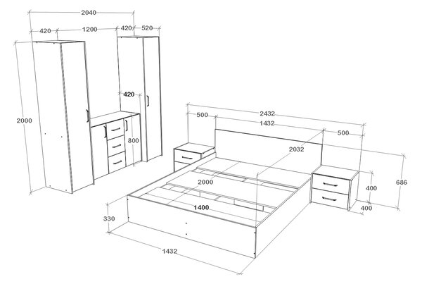 Set haaus V5, Pat 200 x 140 cm, Stejar Artisan/Argila