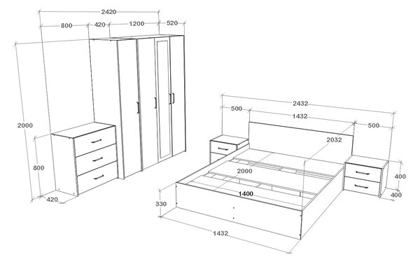 Set haaus V8, Pat 200 x 140 cm, Stejar Artisan/Argila