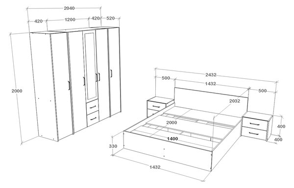 Set haaus V10, Pat 200 x 140 cm, Stejar Artisan/Argila