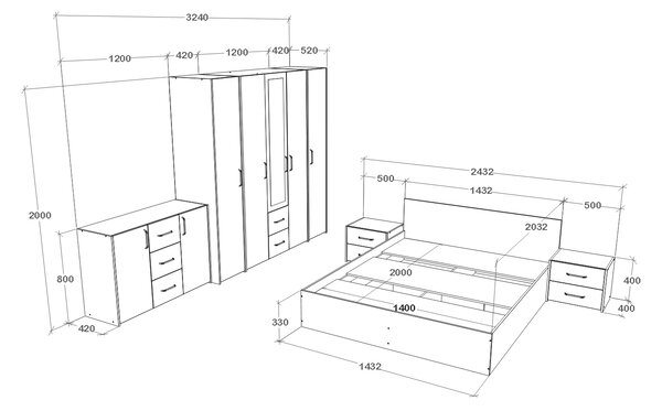 Set haaus V9, Pat 200 x 140 cm, Stejar Artisan/Argila