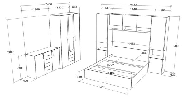 Set haaus V12, Pat 200 x 140 cm, Stejar Artisan/Argila