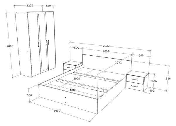 Set haaus V3, Pat 200 x 160 cm, Stejar Alb/Antracit