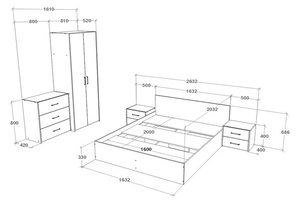 Set haaus V2, Pat 200 x 160 cm, Stejar Alb/Antracit