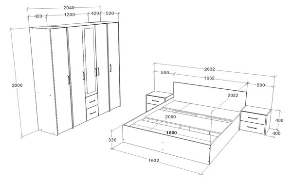 Set haaus V10, Pat 200 x 160 cm, Stejar Alb/Antracit