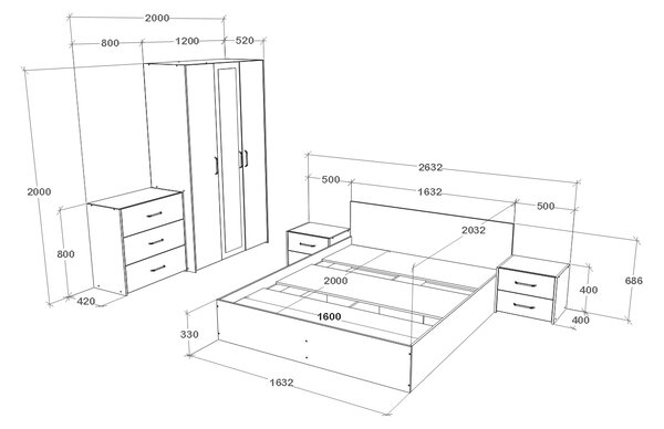Set haaus V4, Pat 200 x 160 cm, Stejar Alb/Antracit