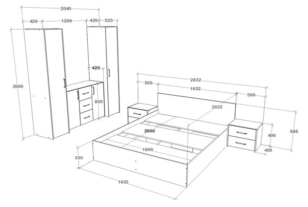 Set haaus V5, Pat 200 x 160 cm, Stejar Alb/Antracit