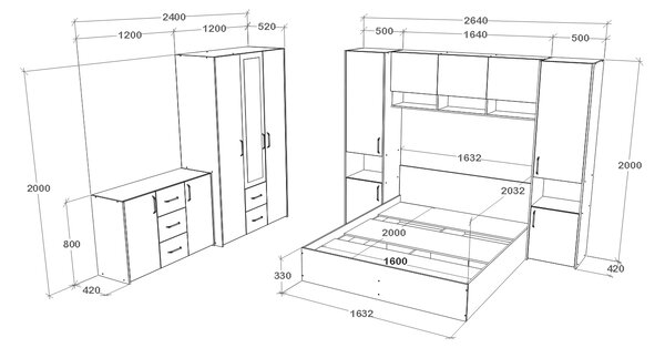 Set haaus V12, Pat 200 x 160 cm, Stejar Alb/Antracit