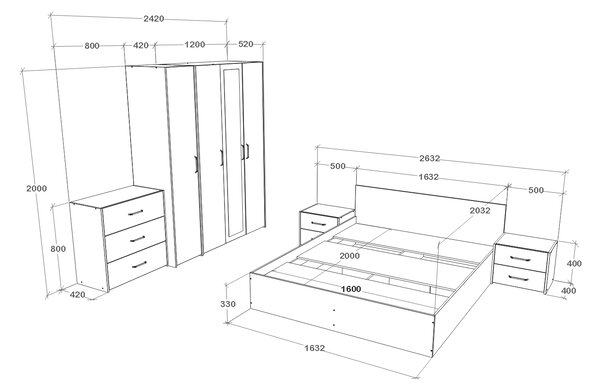Set haaus V8, Pat 200 x 160 cm, Stejar Alb/Antracit