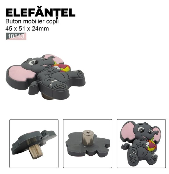 Buton mobilier copii Elefantel, 45x51x24 mm