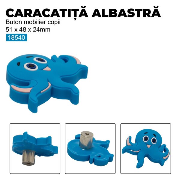 Buton mobilier copii Caracatita albastra, 51x48x24 mm