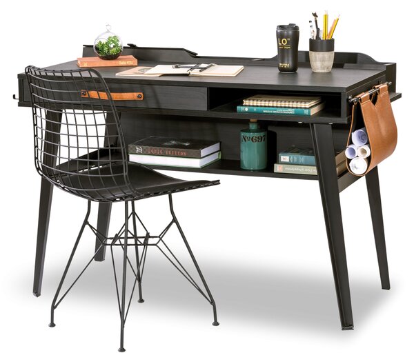 Masa de birou din pal si metal, pentru tineret Dark Metal Black / Graphite, L114xl62xH80 cm