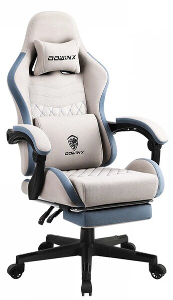 DOWINX Scaun gaming, ergonomic, suport lombar cu masaj, piele PU, spătar înalt, reglabil, tetieră, rezistent 150 kg, suport pentru picioare, Ivory