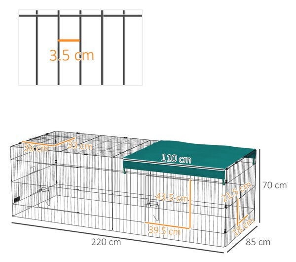 PawHut Tarc Exterior pentru Animale Mici, Spațiu pentru Pui, Iepuri, Chinchilla, cu Acoperiș, 220x85x70 cm, Verde | Aosom Romania