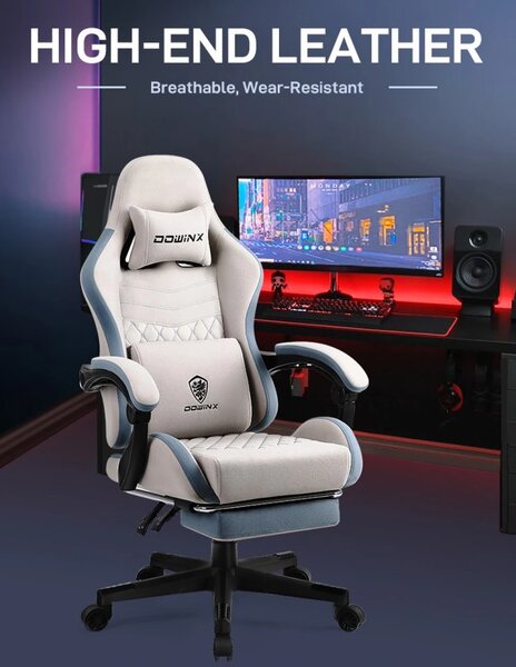 DOWINX Scaun gaming, ergonomic, suport lombar cu masaj, piele PU, spătar înalt, reglabil, tetieră, rezistent 150 kg, suport pentru picioare, Ivory