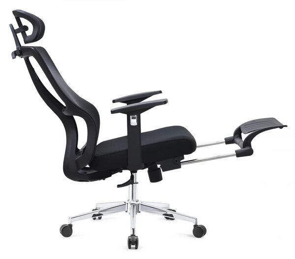 Scaun ergonomic, spatar Mesh, sezut textil, tetiera reglabila inaltime, suport picioare, baza metalica, inaltime reglabila, Negru