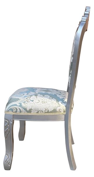 Scaun dining, stil clasic, din lemn masiv, argintiu, tapițerie textil verde/argintiu