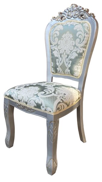 Scaun dining, stil clasic, din lemn masiv, argintiu, tapițerie textil verde/argintiu
