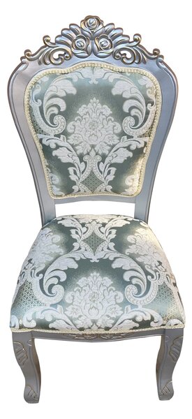 Scaun dining, stil clasic, din lemn masiv, argintiu, tapițerie textil verde/argintiu