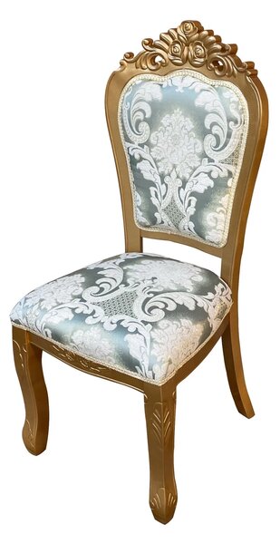Scaun dining, stil clasic, din lemn masiv, auriu, tapițerie textil verde/auriu