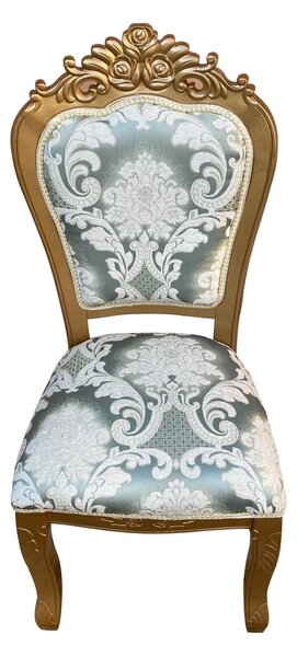 Scaun dining, stil clasic, din lemn masiv, auriu, tapițerie textil verde/auriu