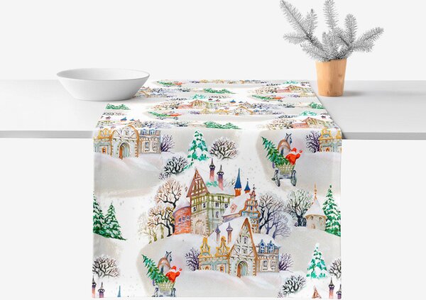 Goldea napron de masă decorativ loneta - sat înzăpezit 35x140 cm