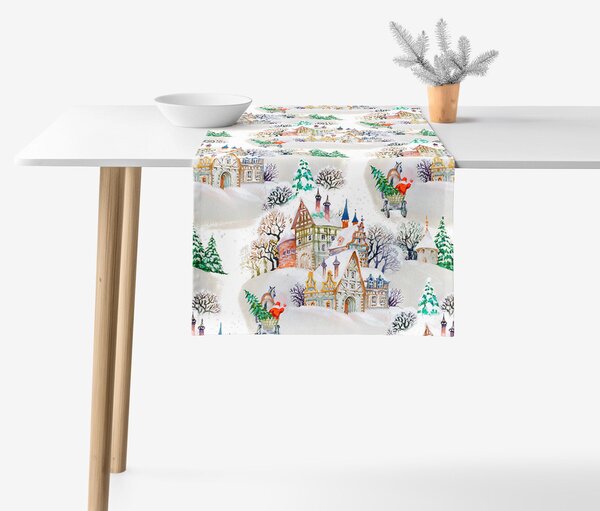 Goldea napron de masă decorativ loneta - sat înzăpezit 35x140 cm