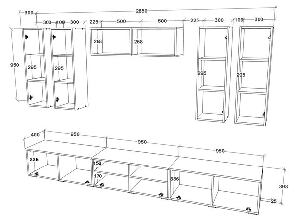 Living haaus V4, Negru/Alb Lucios, MDF, L 285 cm