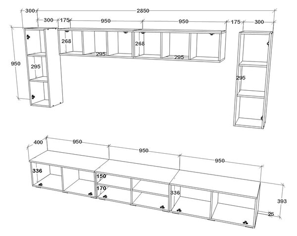 Living haaus V6, Negru/Alb Lucios, MDF, L 285 cm