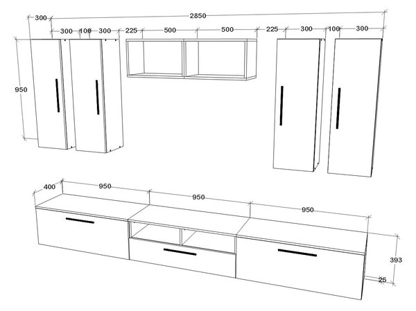 Living haaus V4, Negru/Alb Lucios, MDF, L 285 cm