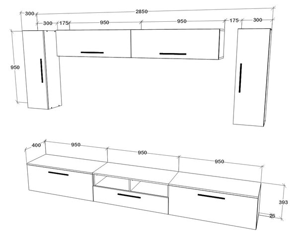 Living haaus V6, Negru/Alb Lucios, MDF, L 285 cm