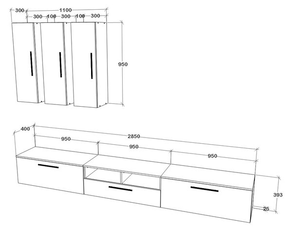 Living haaus V7, Negru/Alb Lucios, MDF, L 285 cm