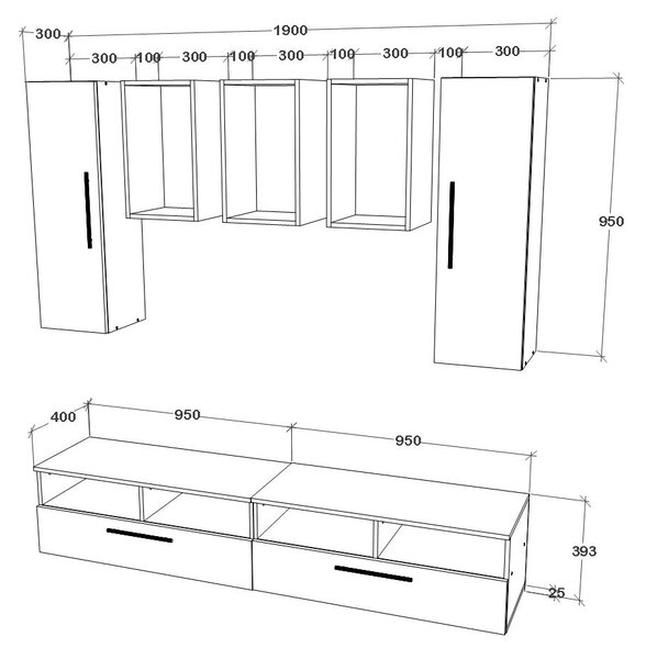 Living haaus V9, Negru/Alb Lucios, MDF, L 190 cm