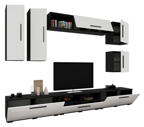 Living haaus V1, Negru/Alb Lucios, MDF, L 285 cm