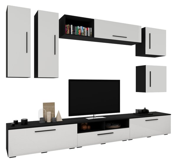 Living haaus V1, Negru/Alb Lucios, MDF, L 285 cm