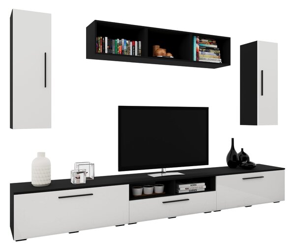 Living haaus V2, Negru/Alb Lucios, MDF, L 285 cm