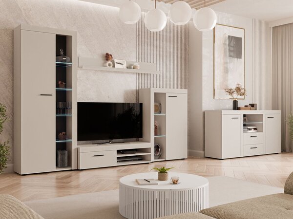Mobilier pentru living Rokara (bej nisipiu) (cu comodă) (cu iluminare LED). 1158465