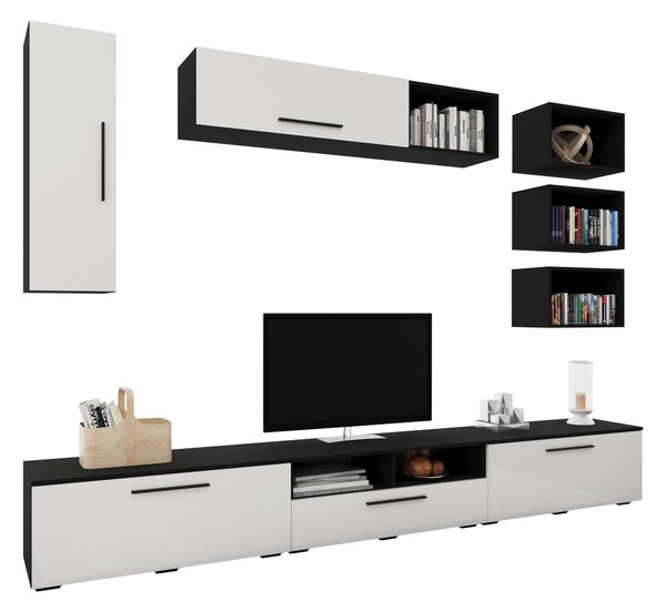 Living haaus V5, Negru/Alb Lucios, MDF, L 285 cm