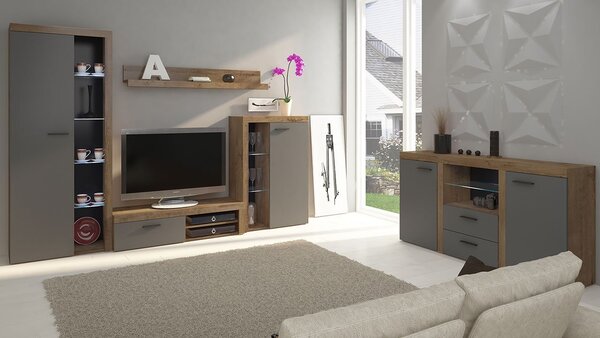 Mobilier pentru living Rokara (bej nisipiu) (cu comodă) (cu iluminare LED). 1158465