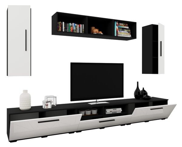 Living haaus V2, Negru/Alb Lucios, MDF, L 285 cm