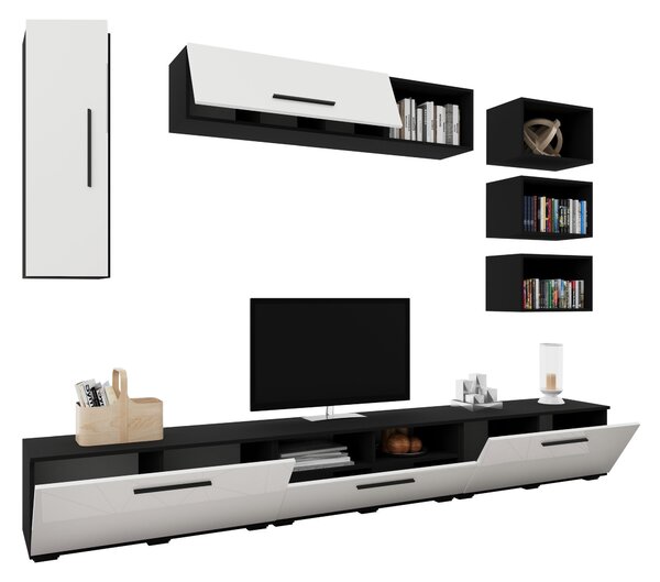 Living haaus V5, Negru/Alb Lucios, MDF, L 285 cm