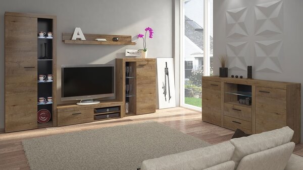 Mobilier pentru living Rokara (bej nisipiu) (cu comodă) (cu iluminare LED). 1158465