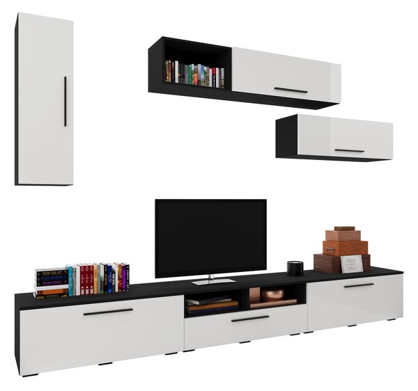 Living haaus V19, Negru/Alb Lucios, MDF, L 285 cm