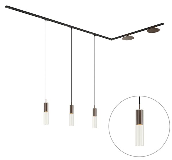 Sistem de iluminat pe șină modern negru cu 3 lămpi suspendate și 2 plafoniere bronzate monofazate - Iconic Lloyd Pulley
