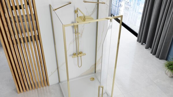 Rea Rapid Swing, cabină de duș cu 3 pereți 90 (uşă) x 100 (perete) x 100 (perete) x 195 cm, sticlă transparentă de 6 mm, profil auriu lucios, KPL-009…