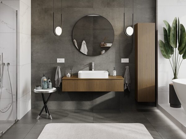 Mexen Rivel, mobilier de baie sub chiuvetă 120 cm cu partea superioară, 1 sertar, canelat, nuc, 91A20-12023-1-BFC86