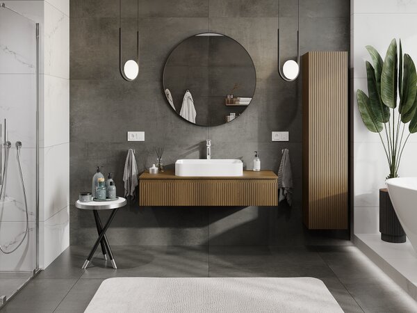 Mexen Rivel, mobilier de baie sub lavoar 120 cm, 1 sertar, canelat, nuc, 91A20-12023-1-BF86