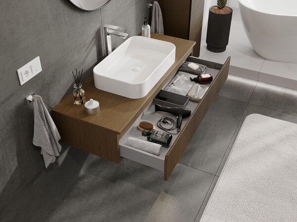 Mexen Rivel, mobilier de baie sub lavoar 120 cm, 1 sertar, canelat, nuc, 91A20-12023-1-BF86