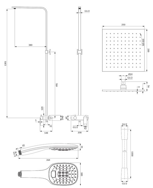 Omnires Sacramento set de duș perete cu duș de ploaie negru SC2344BL