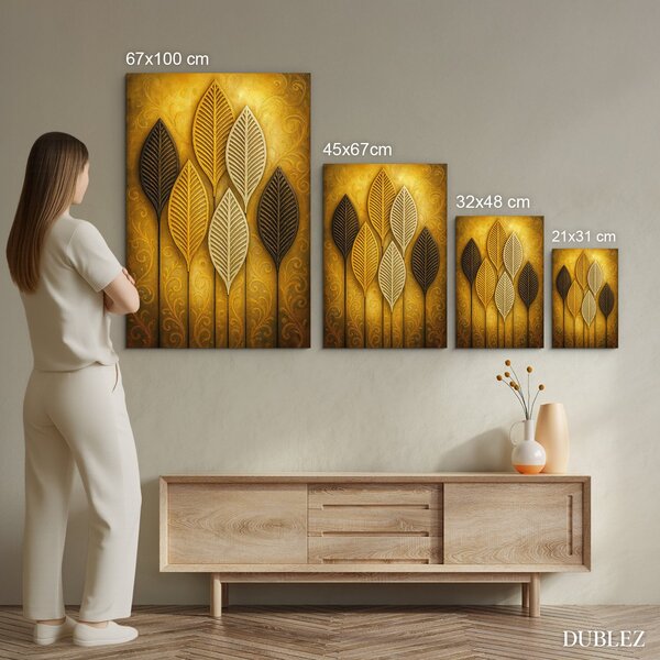 DUBLEZ | Tablou decorativ cu frunze în nuanțe aurii | Imprimare UV premium